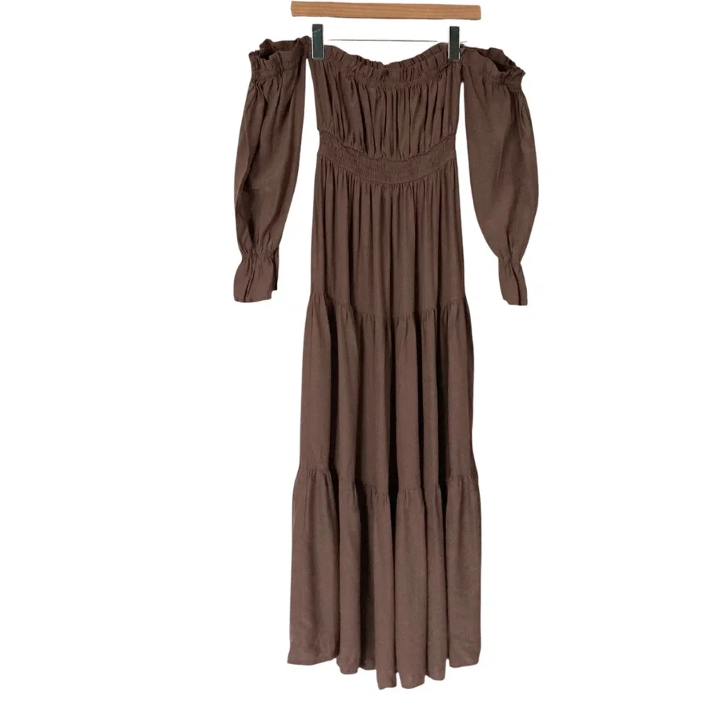 Off Shoulder Long Sleeve Smocked Waist Maxi Dress - Picture 6 of 10